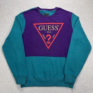 Guess Colorblock Triangle Logo Sweatshirt Men’s M Purple Teal‎ Retro 90s